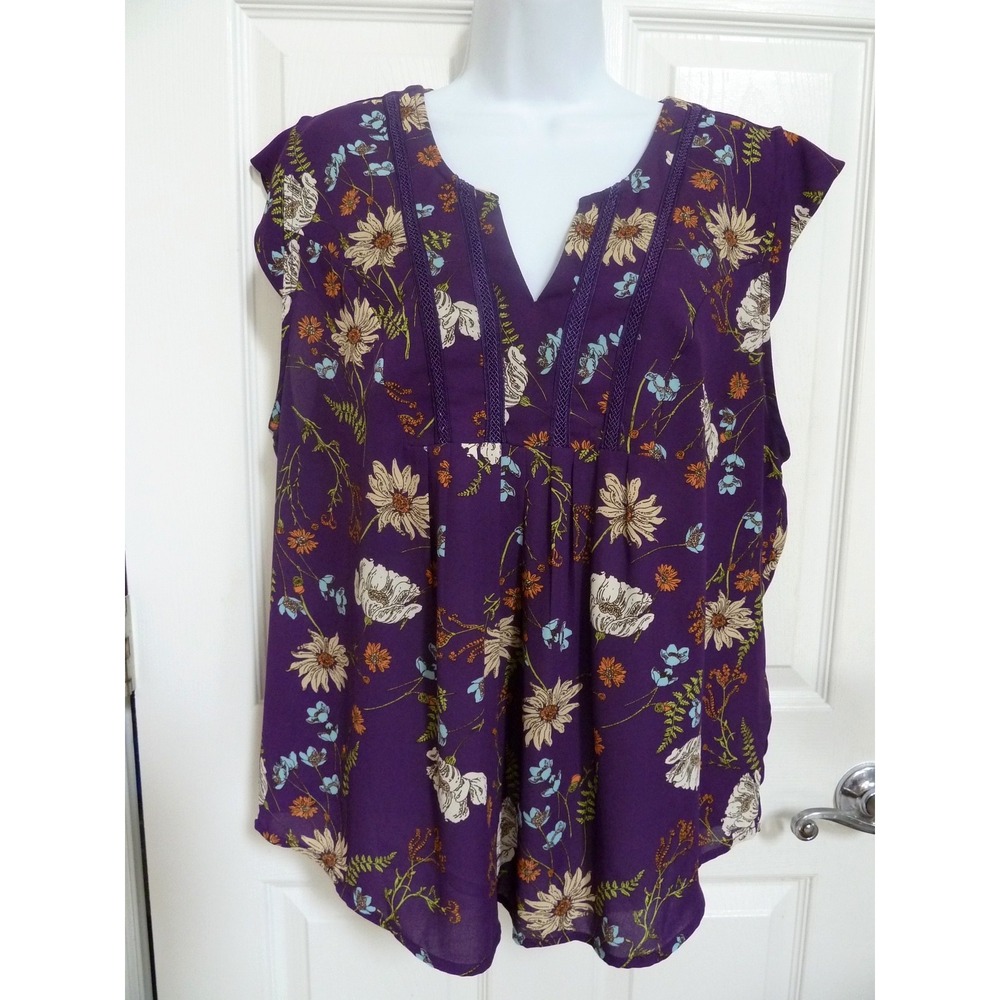 COLLECTIVE CONCEPTS XXL Boho Peasant Blouse Floral Purple Cap Sleeve TS3399-01